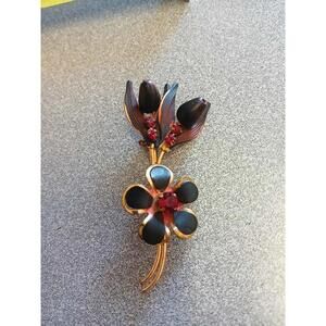 Black With Red Crystals Flower Brooch Austria Vintage